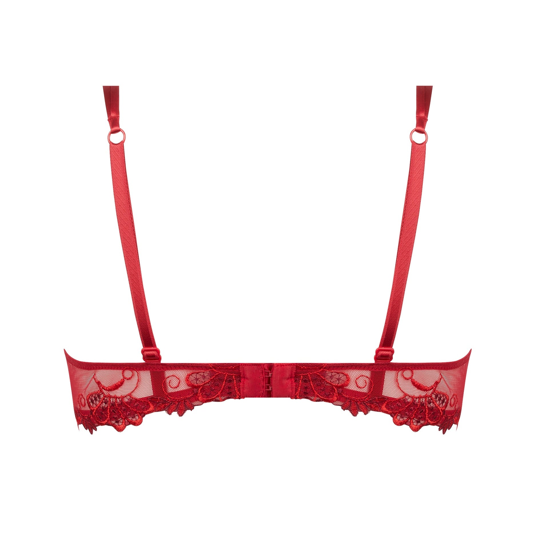 Red lace bra with thin straps on a white background