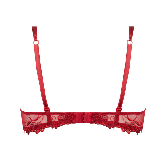 Red lace bra with thin straps on a white background