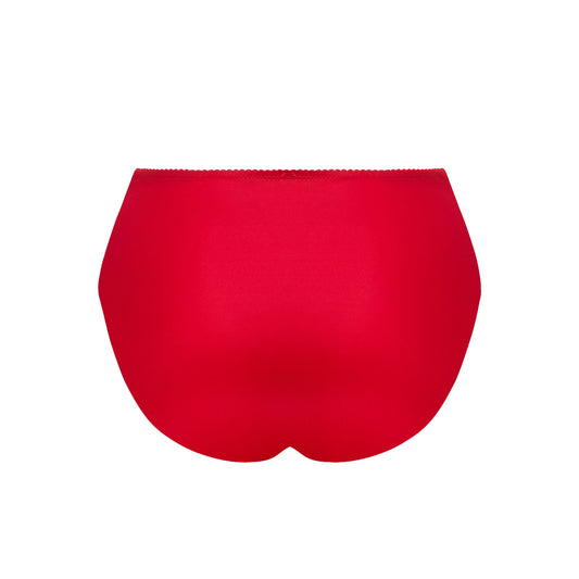 Red high-waisted bikini bottom on a white background