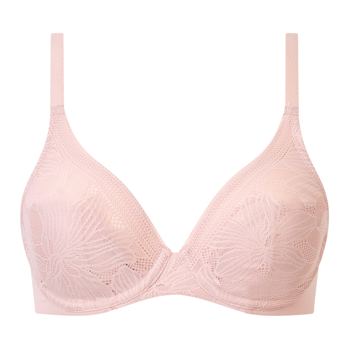 A light pink underwire bra with floral lace detailing on the cups and adjustable shoulder straps, shown against a plain white background.
