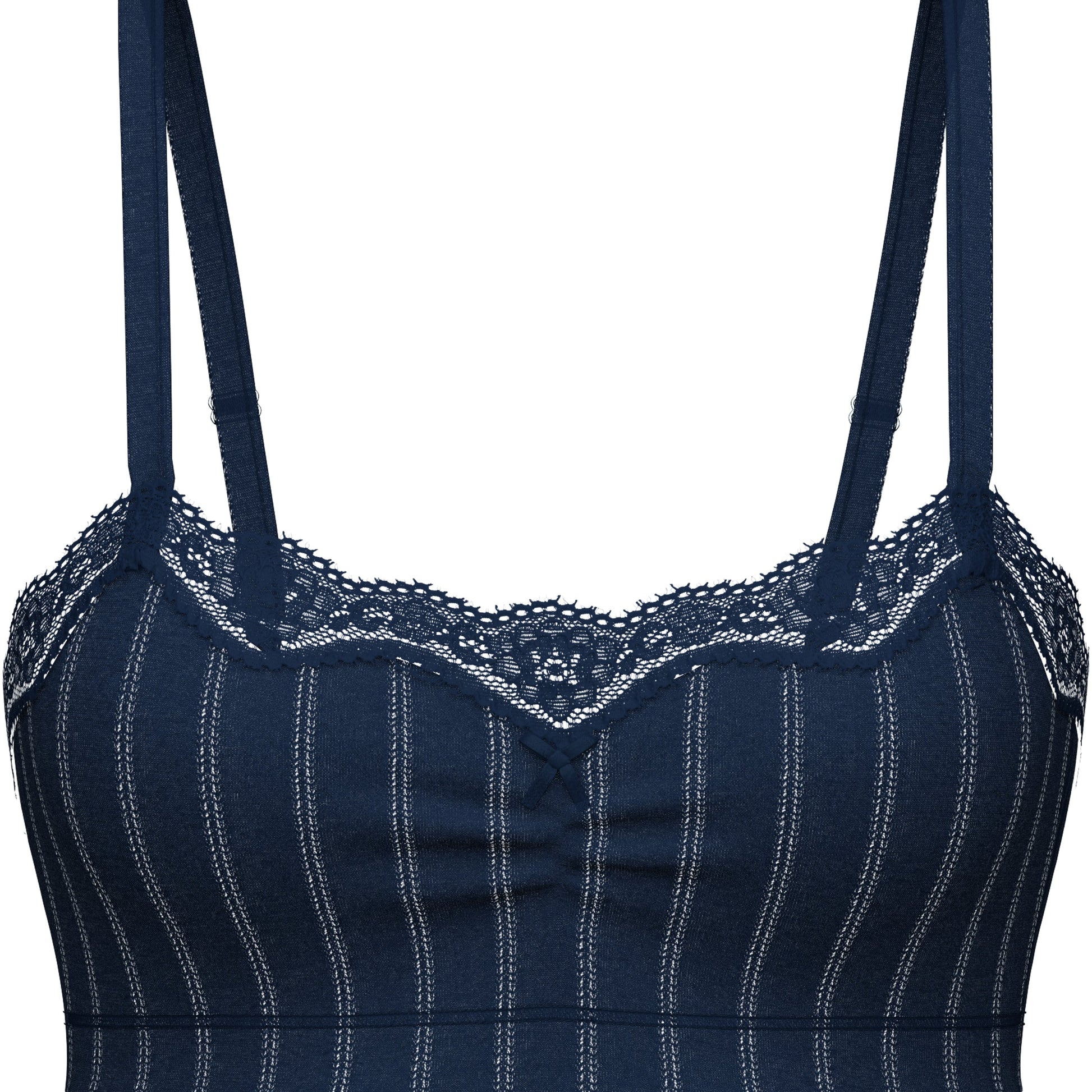 Navy blue bra with lace trim on a white background