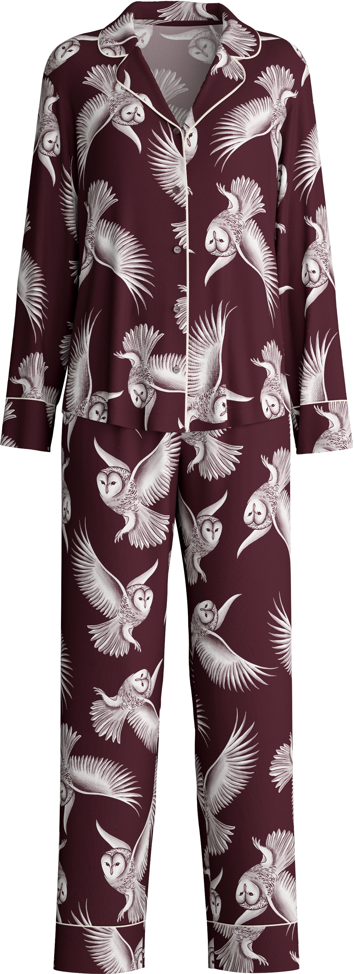 Burgundy pajama set with bird pattern on a plain background