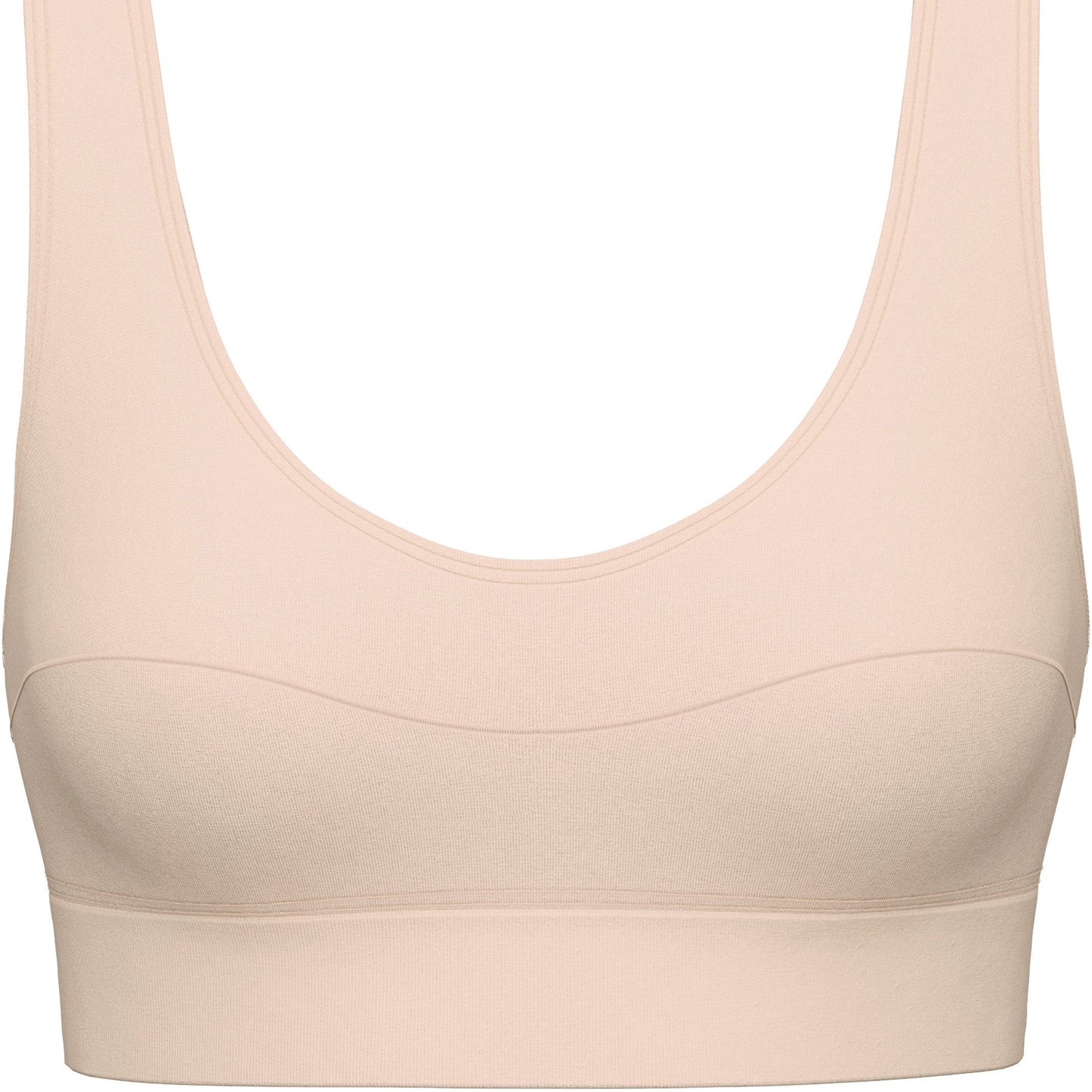 A light beige wireless sports bra with a wide scoop neckline and a wide underband, shown against a plain white background.