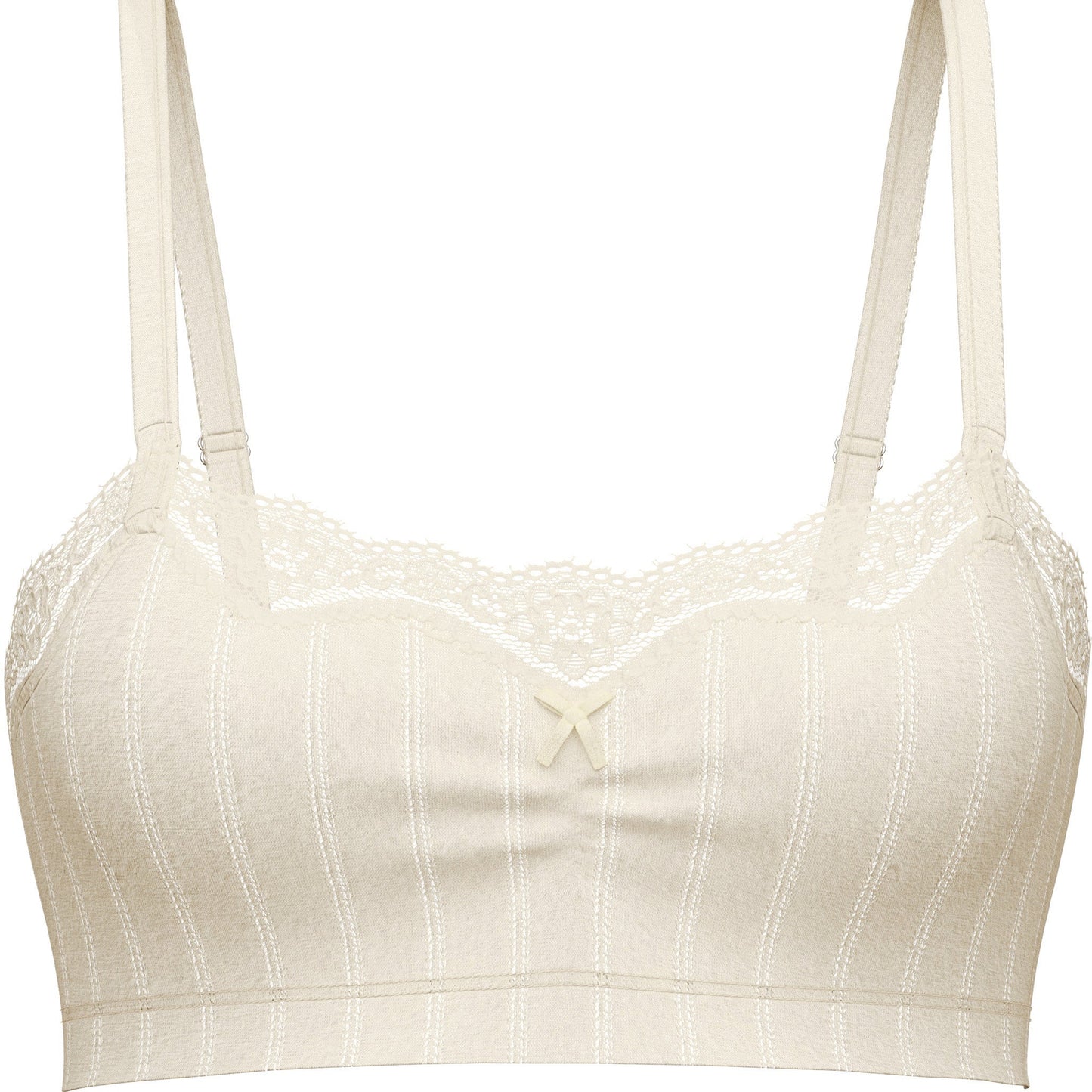 An ivory-colored underwire bra with thin adjustable shoulder straps, delicate lace trim across the neckline, and subtle vertical pinstripes on a solid white background.