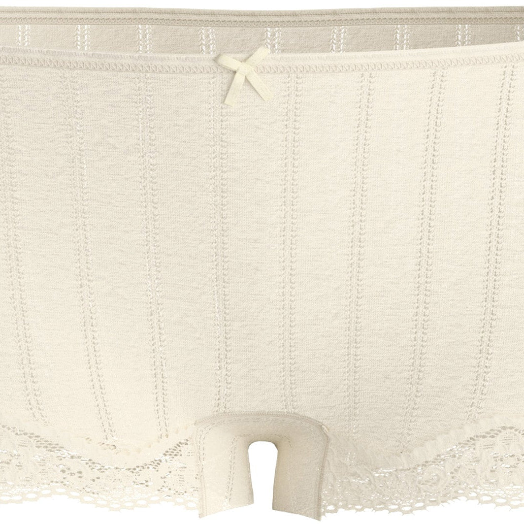 Cream-colored ribbed cotton boxer briefs with a small bow at the center of the waistband and a scalloped lace hem.