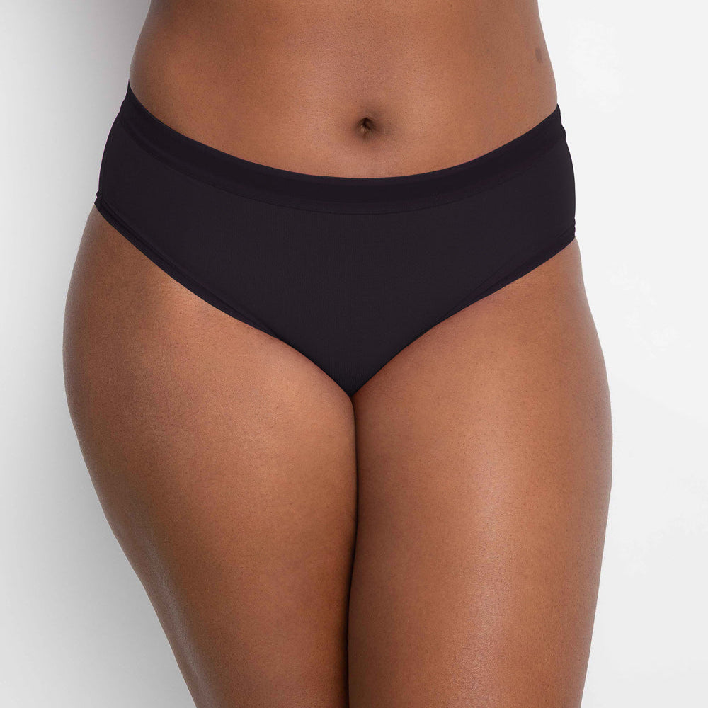 Black high-waisted bikini bottom on a plain background