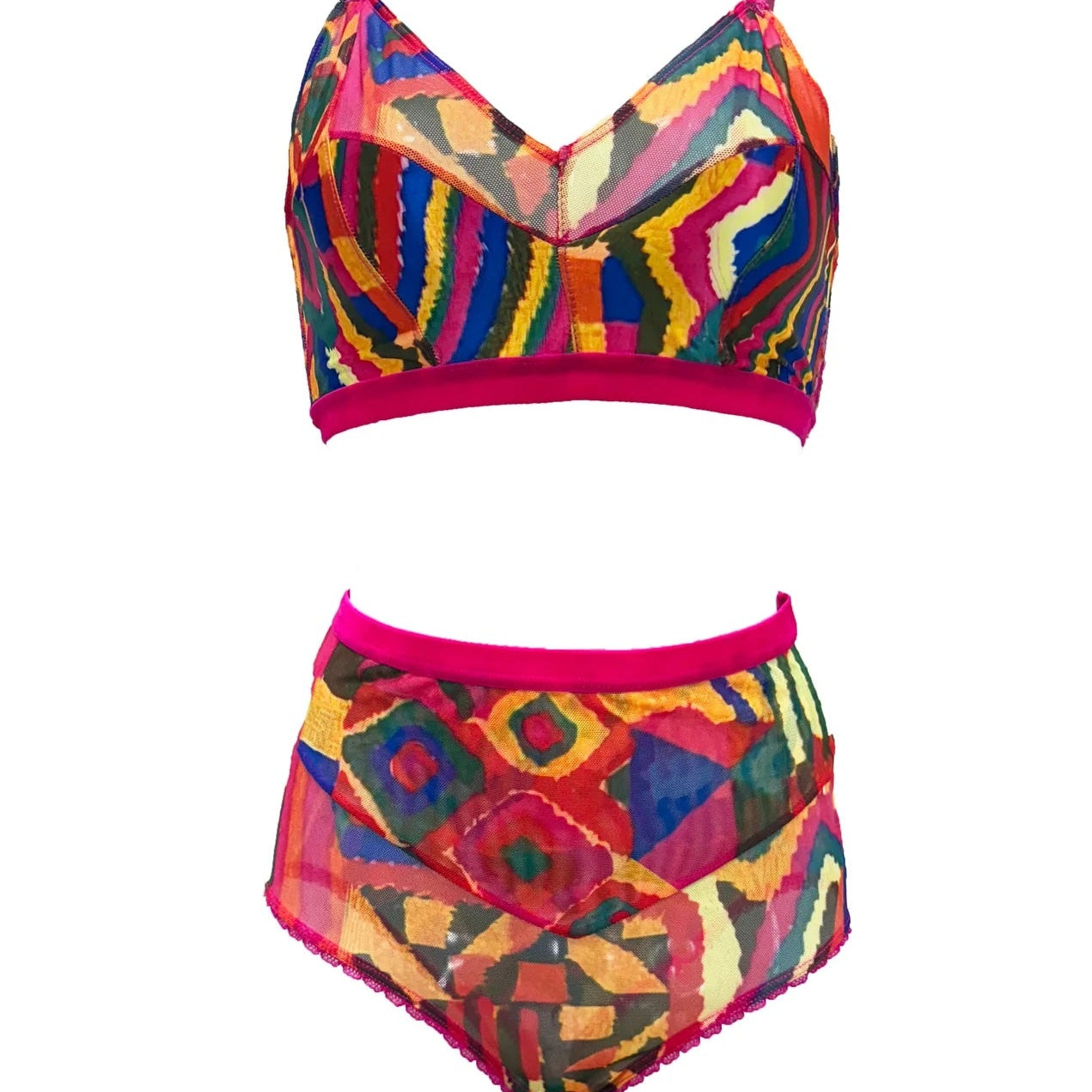 A two-piece bikini set featuring a vibrant, multicolored geometric pattern with hot pink trim, displayed against a solid white background.