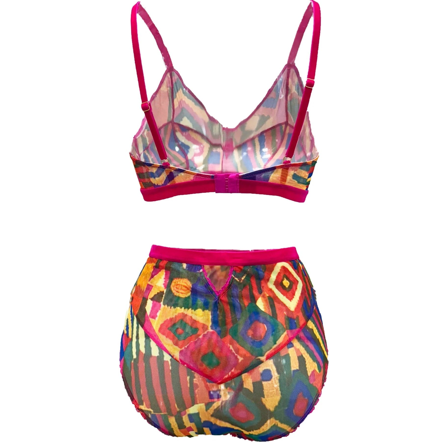 A two-piece lingerie set featuring a sheer mesh bralette with a vibrant multicolor geometric print and hot pink trim, paired with matching high-waisted briefs.