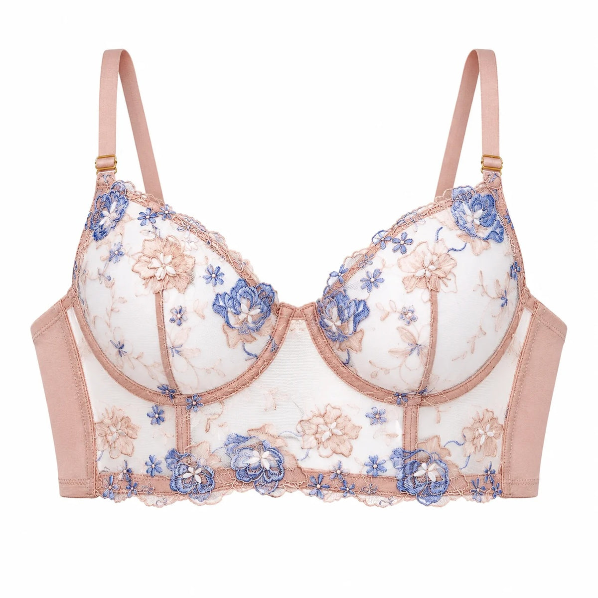 A white underwire bra featuring blue and beige floral embroidery, beige mesh cups, and a peach-beige lace trim and shoulder straps.