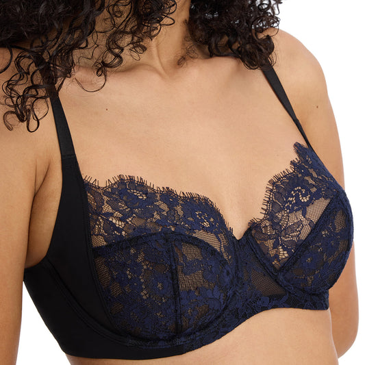 Entice Lace Side Support Balconette Bra - Black/Midnight
