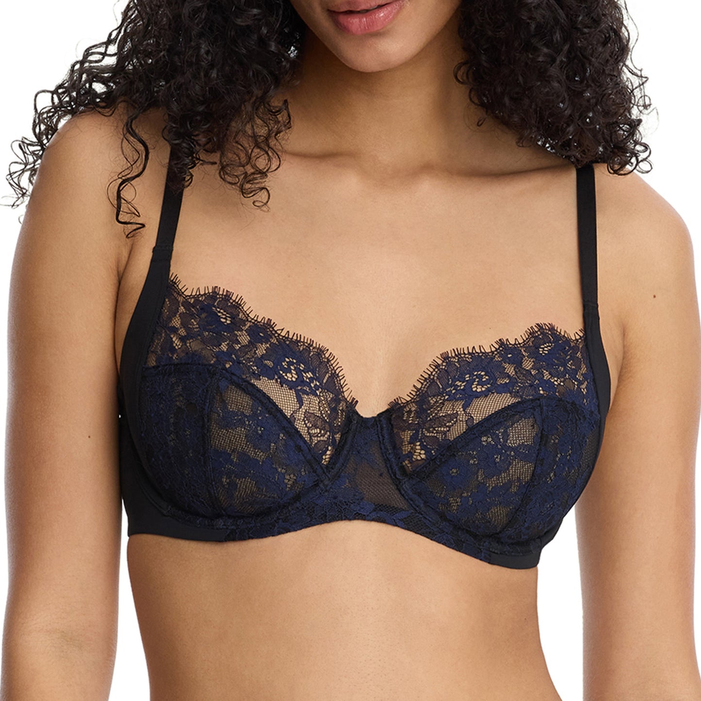 Entice Lace Side Support Balconette Bra - Black/Midnight