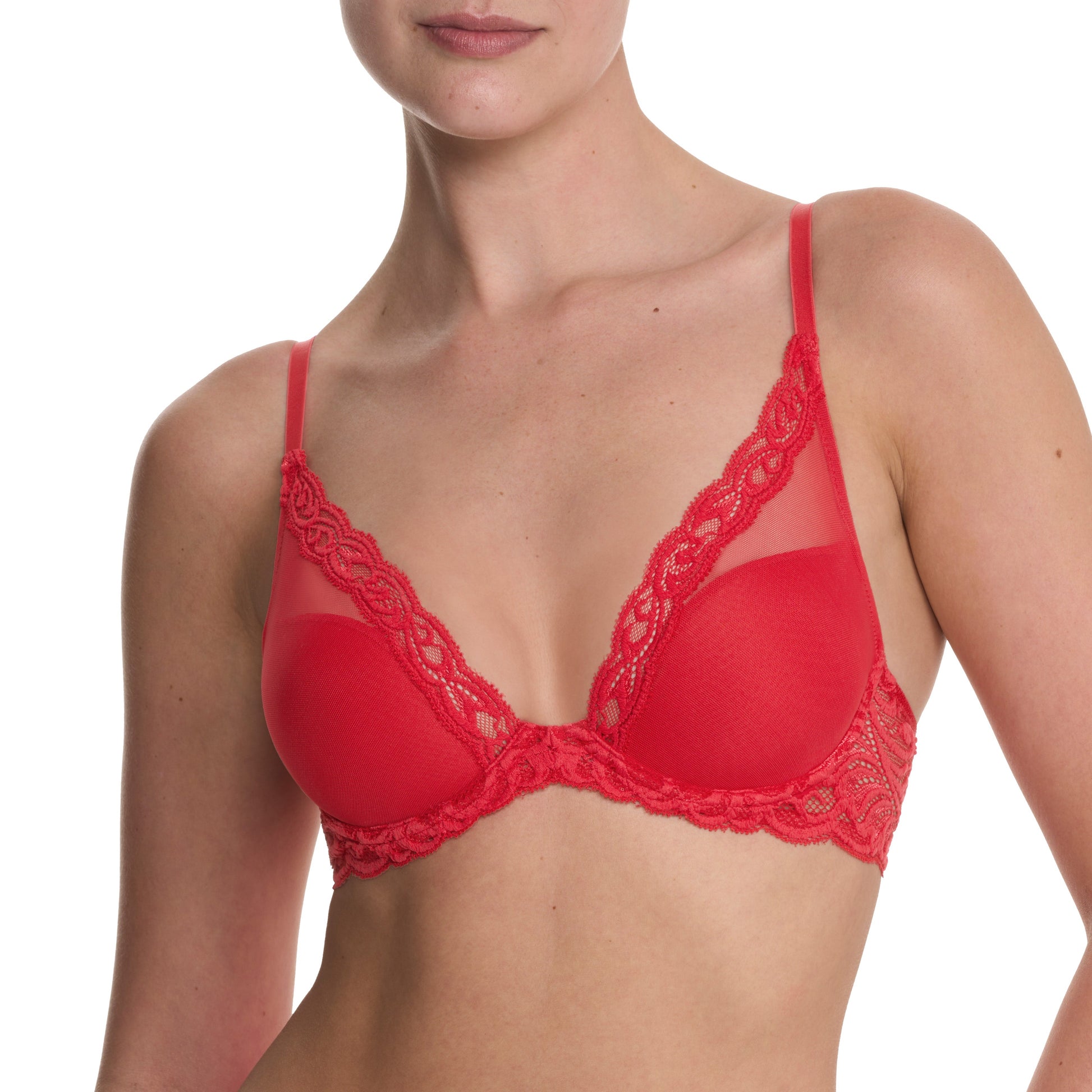 Red lace bra on a white background
