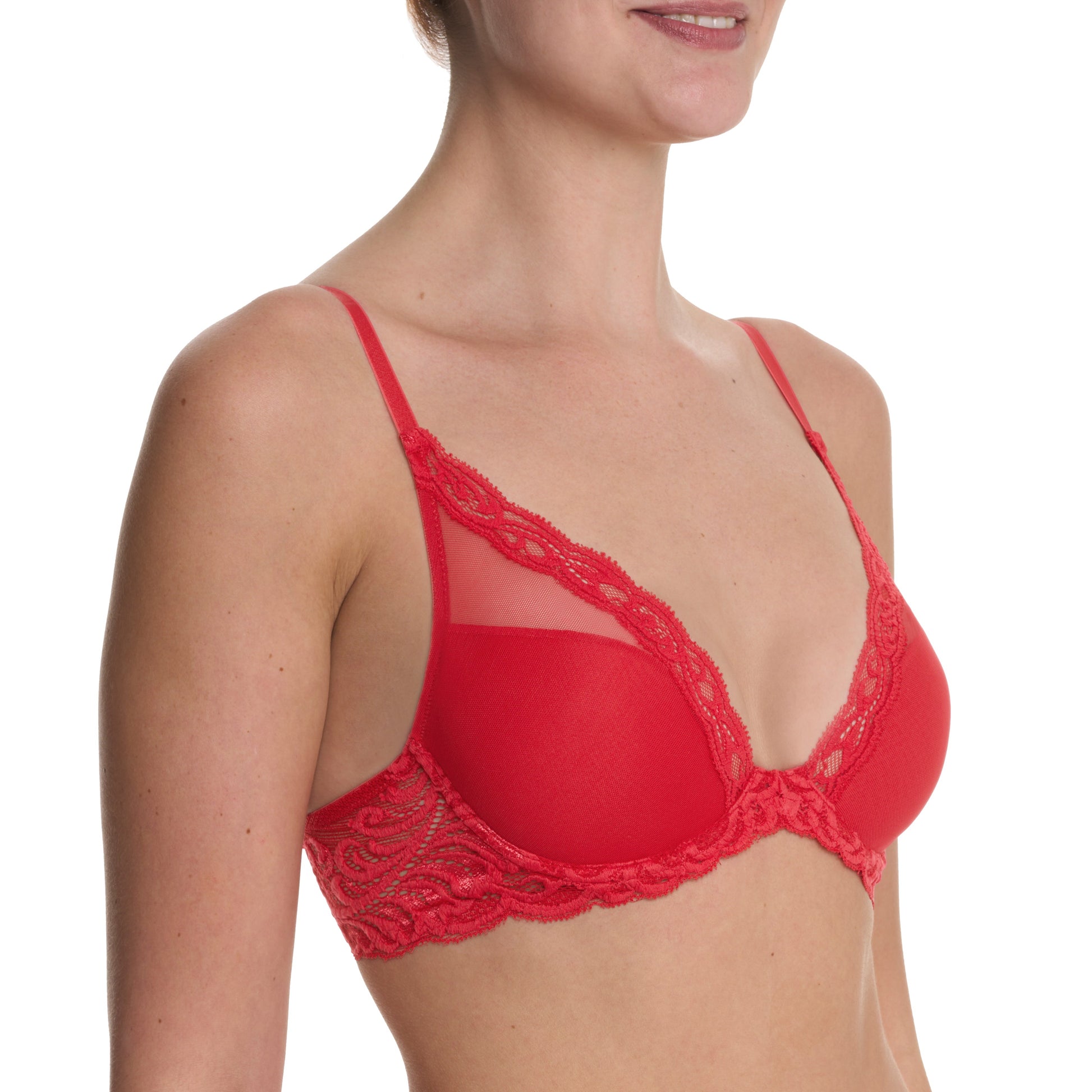 Red bra with lace details on a white background
