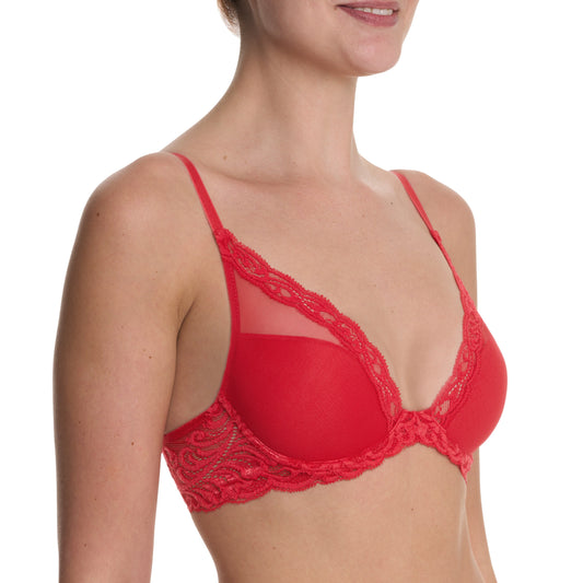 Red bra with lace details on a white background