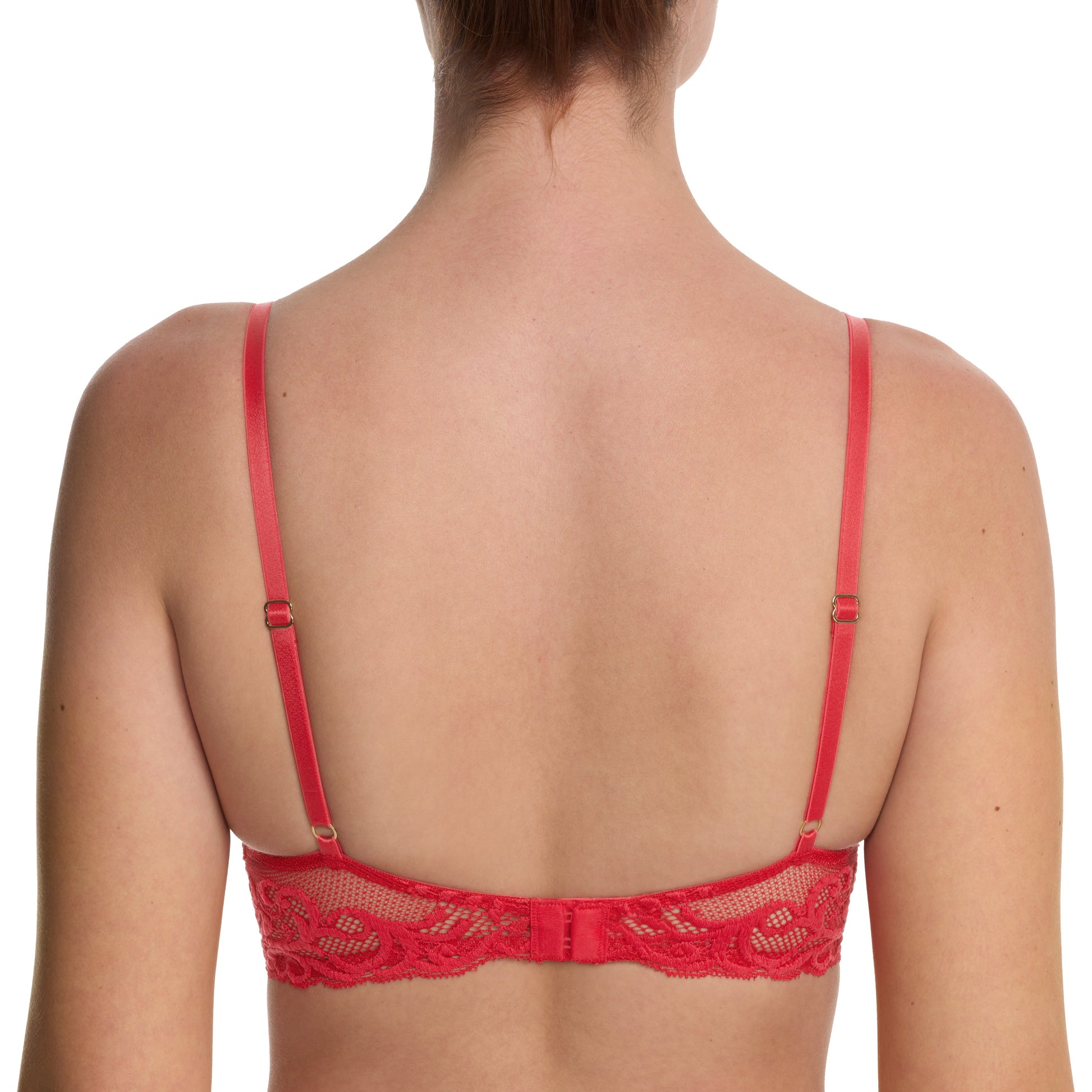 Red lace bra on a white background