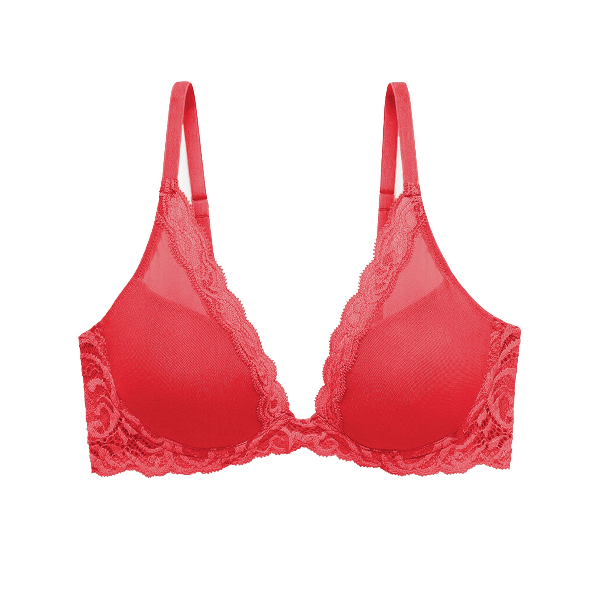 Red bra with lace details on a white background