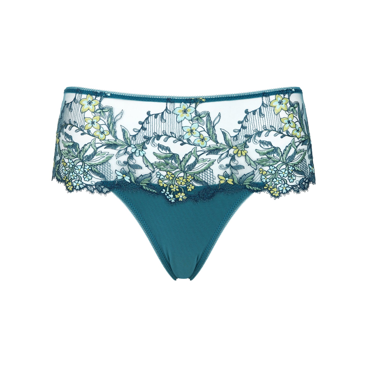 Teal lace underwear with floral pattern on a white background