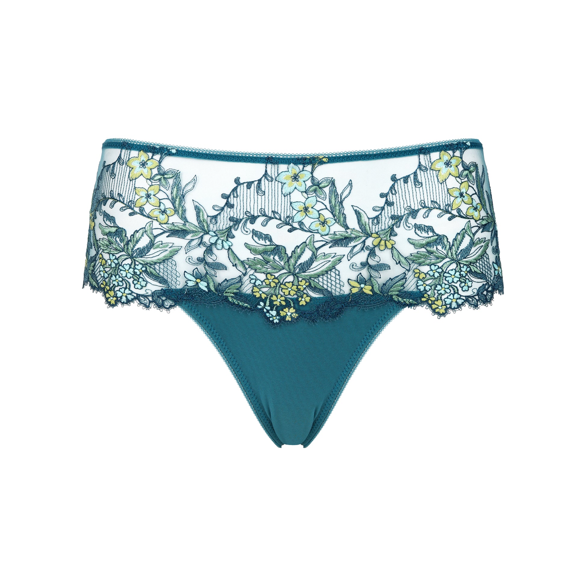 Teal lace underwear with floral pattern on a white background