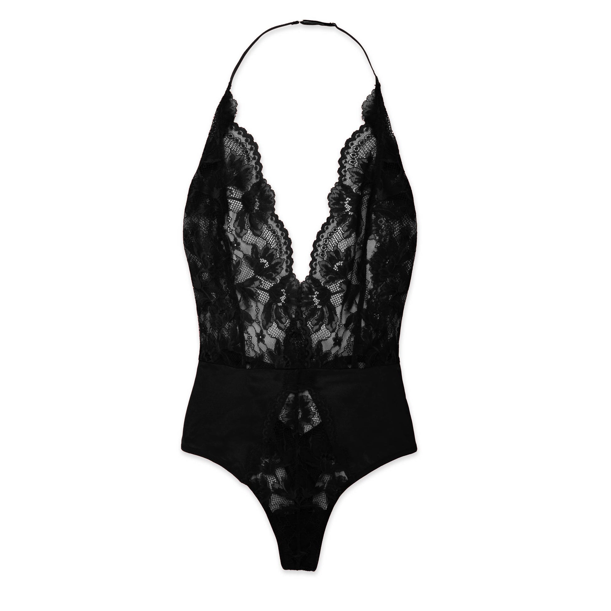 Black lace bodysuit on a white background