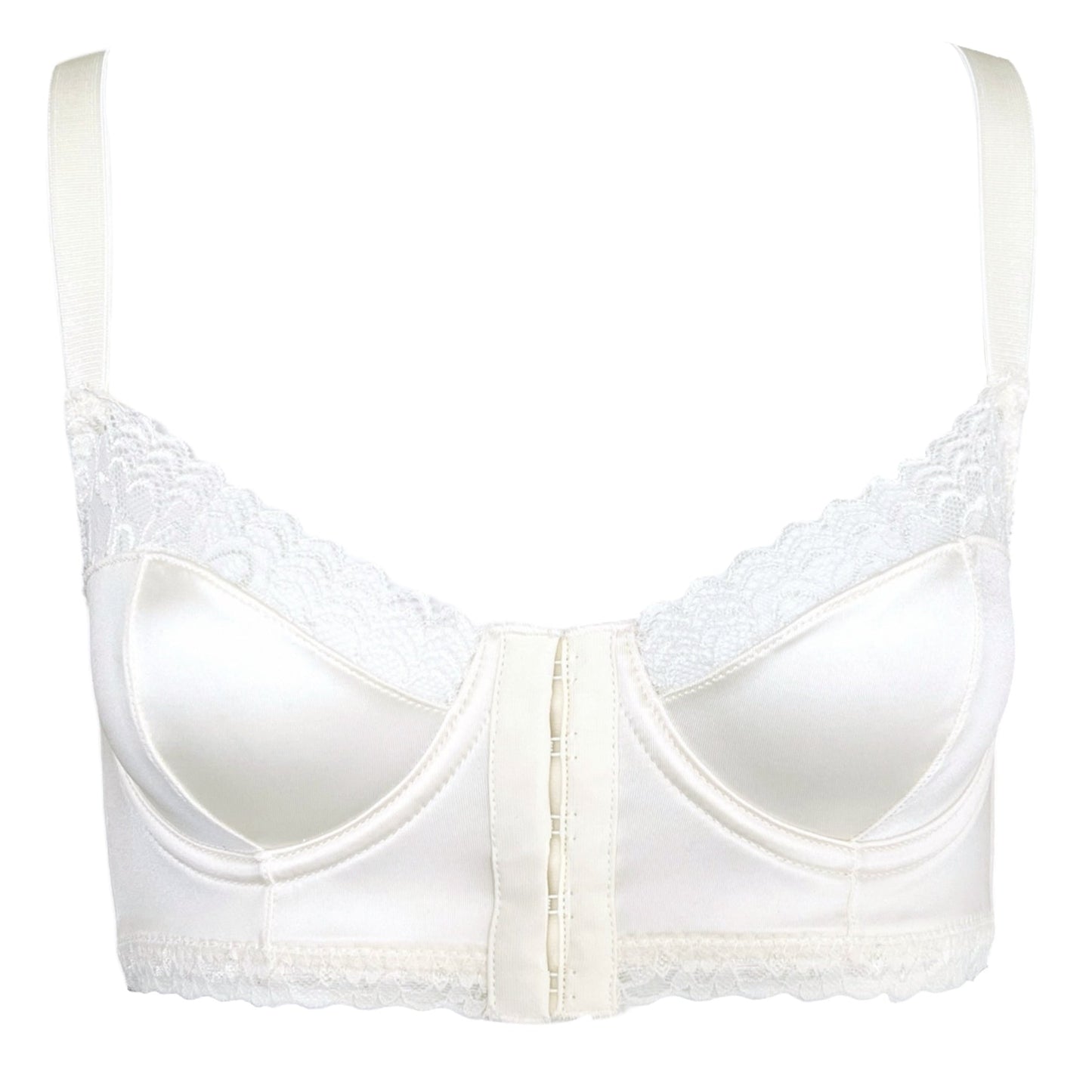 White bra with lace trim on a white background