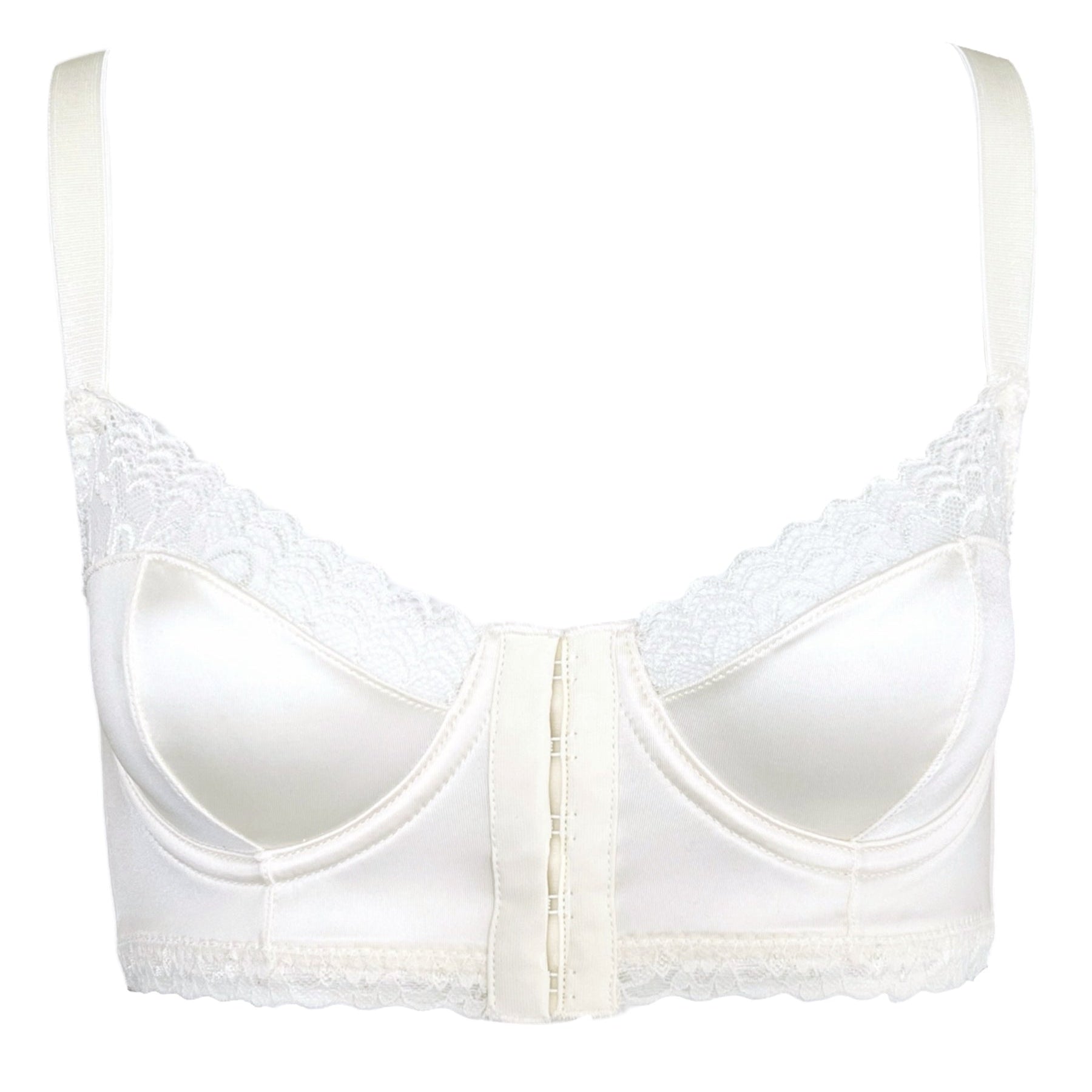 White bra with lace trim on a white background