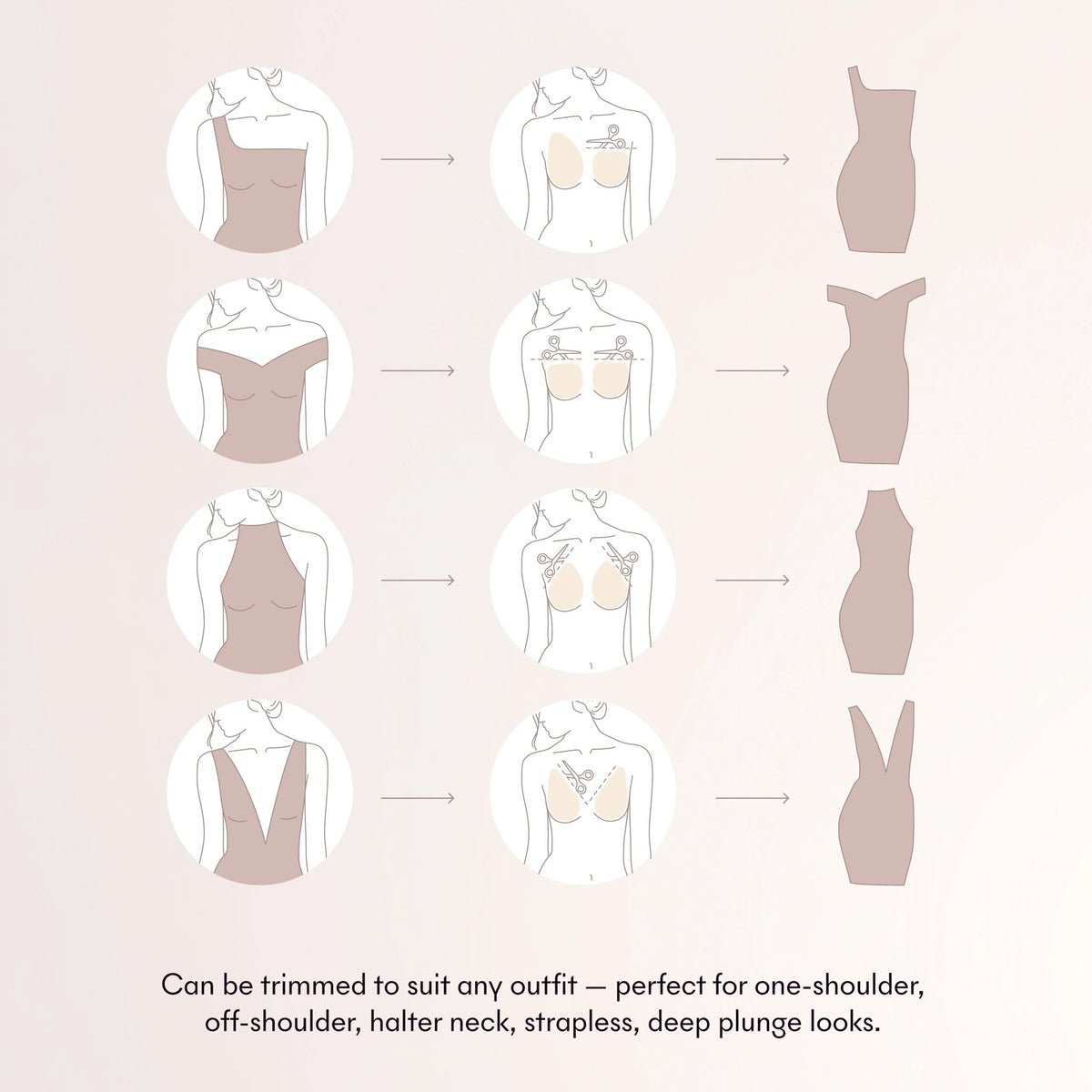 A beige and white infographic titled 'Fits your style' showing illustrated torso diagrams with bra/crop-top silhouettes and matching dress or dress-like garment shapes, plus text stating it can be trimmed to suit any outfit.