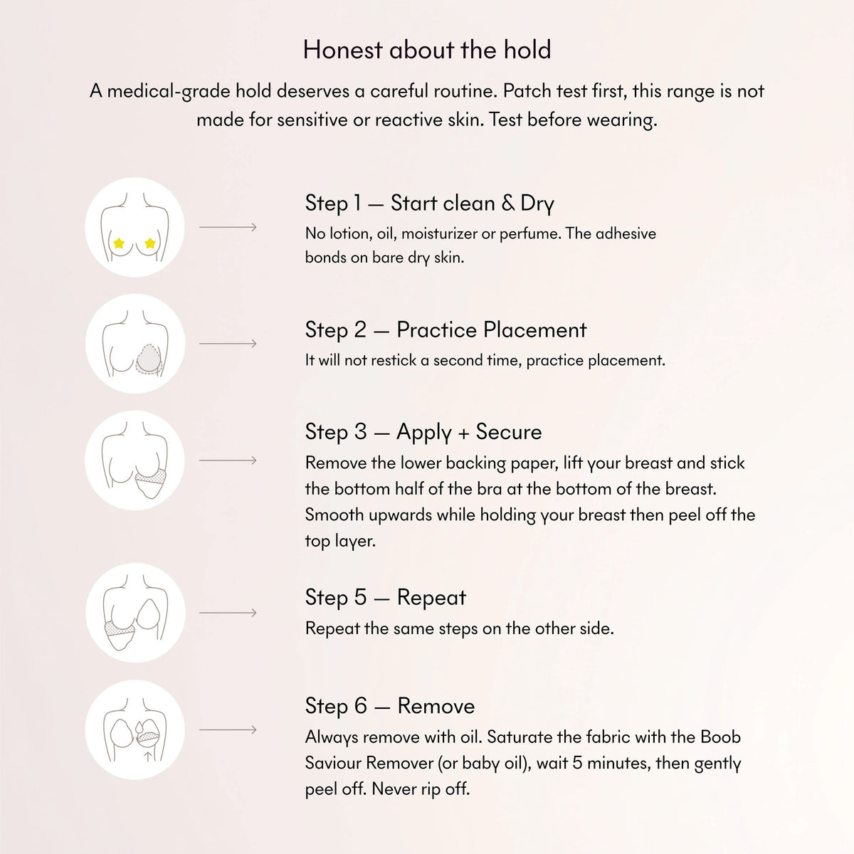 Instructional graphic titled 'How to Apply' with text and six numbered steps showing illustrated bra shapes and placement guidance on a light beige background.