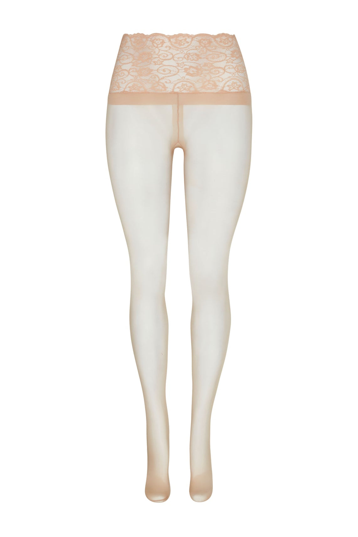 Beige tights with lace waistband on a white background