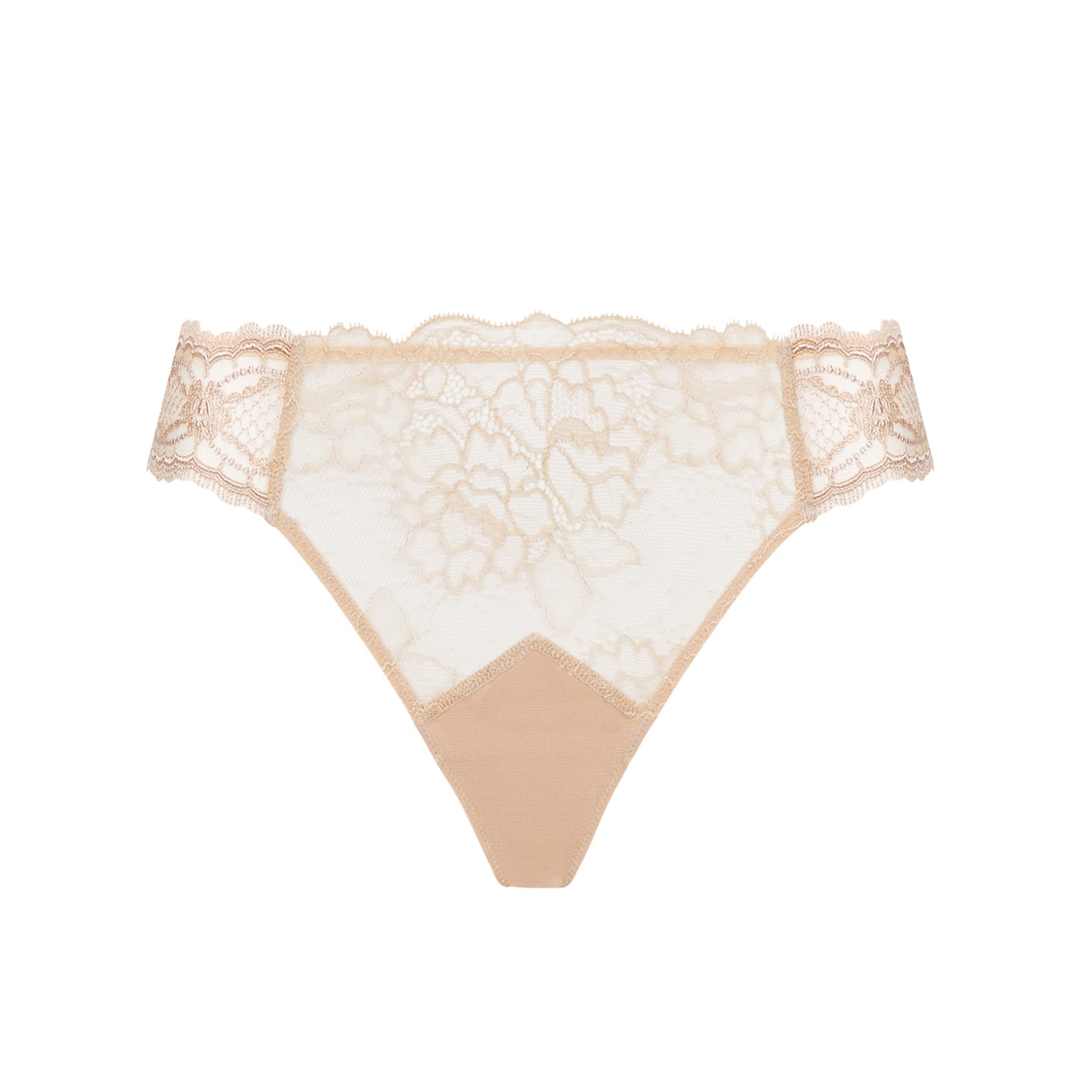 Lace thong with beige and white design on a white background
