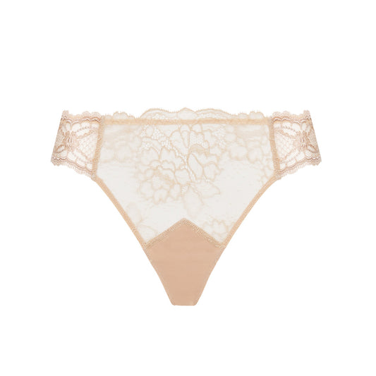Lace thong with beige and white design on a white background