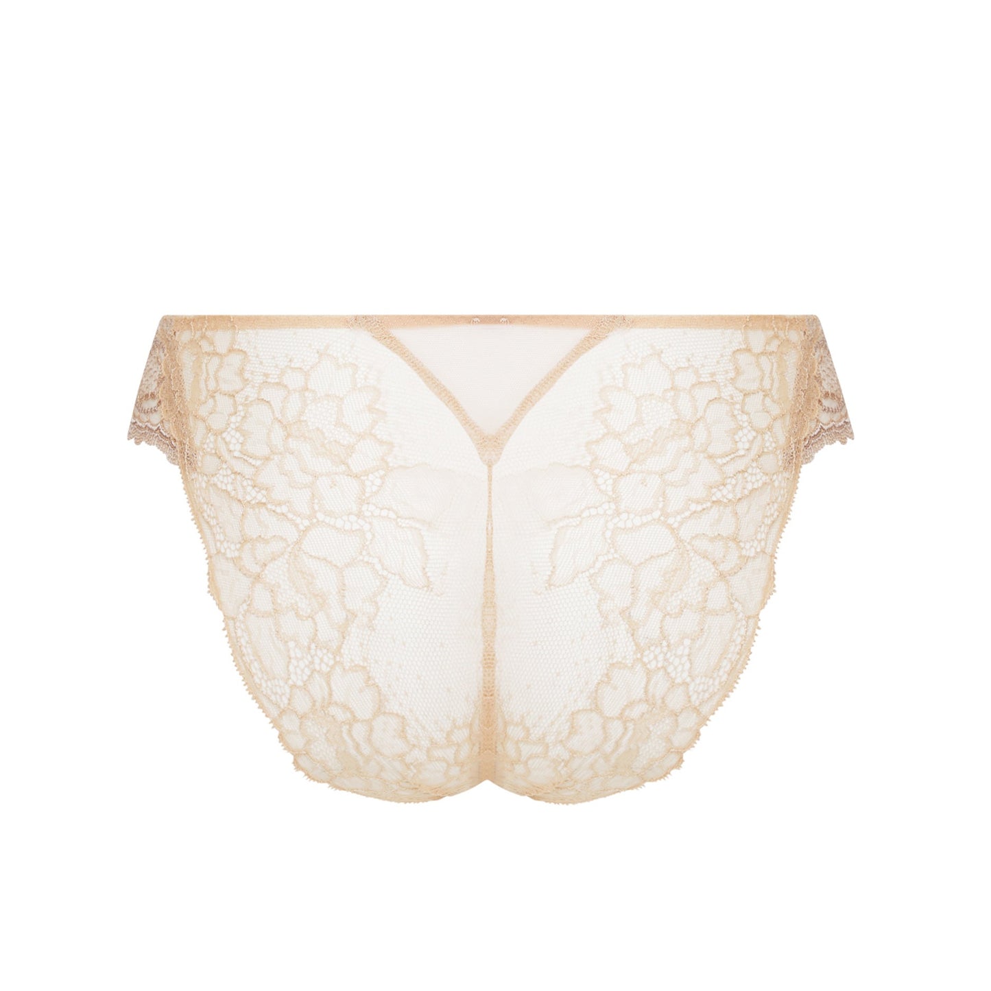 Beige lace bralette on a white background