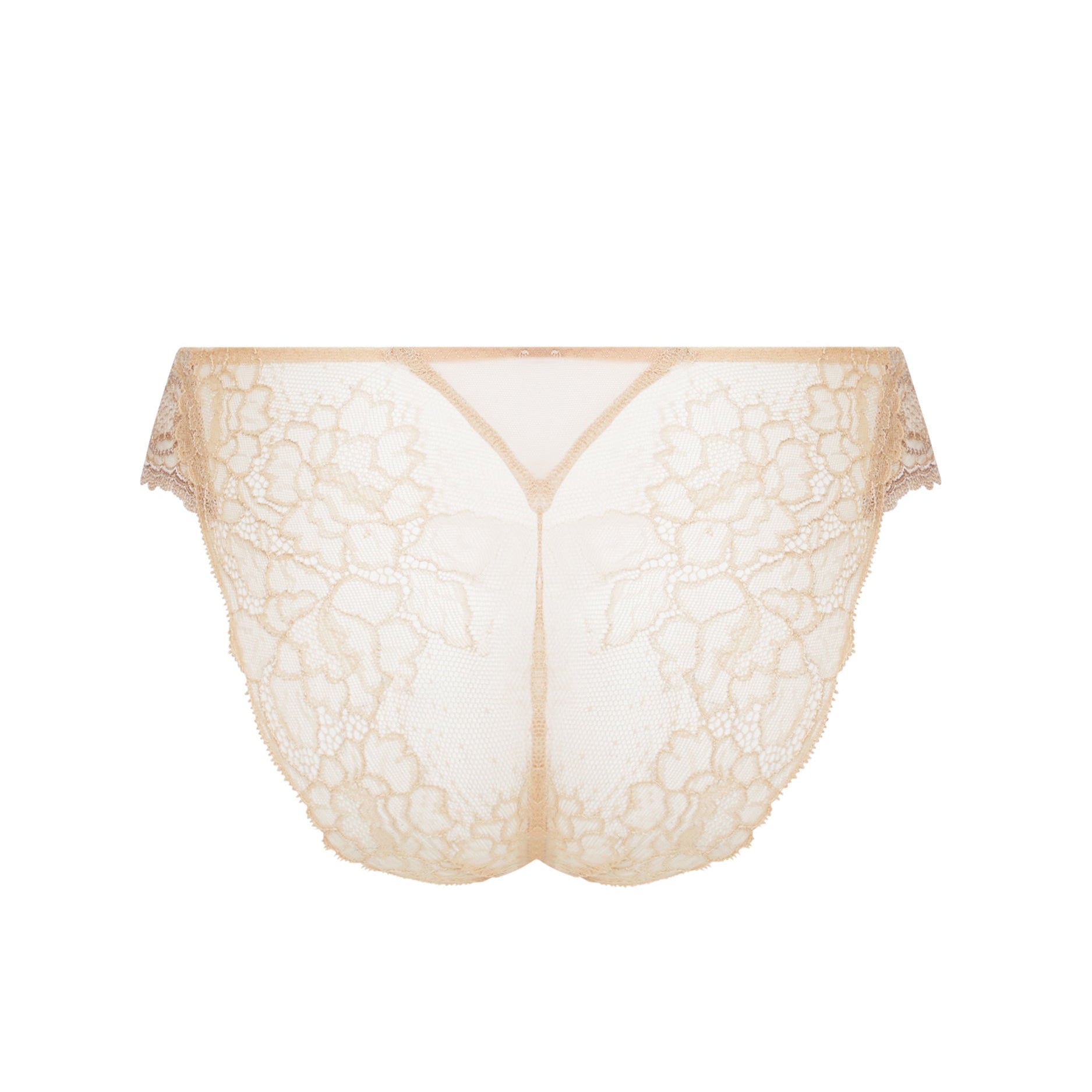 Beige lace bralette on a white background