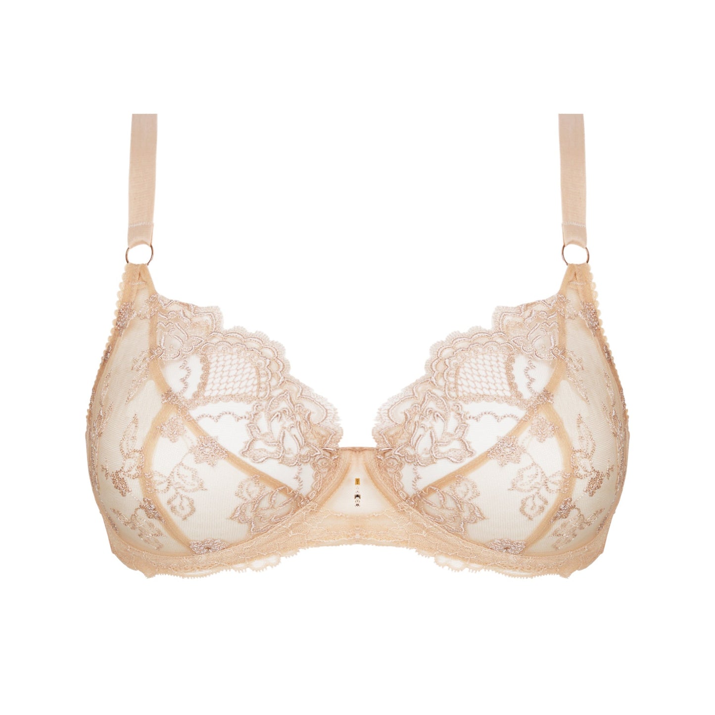 Beige lace bra on a white background
