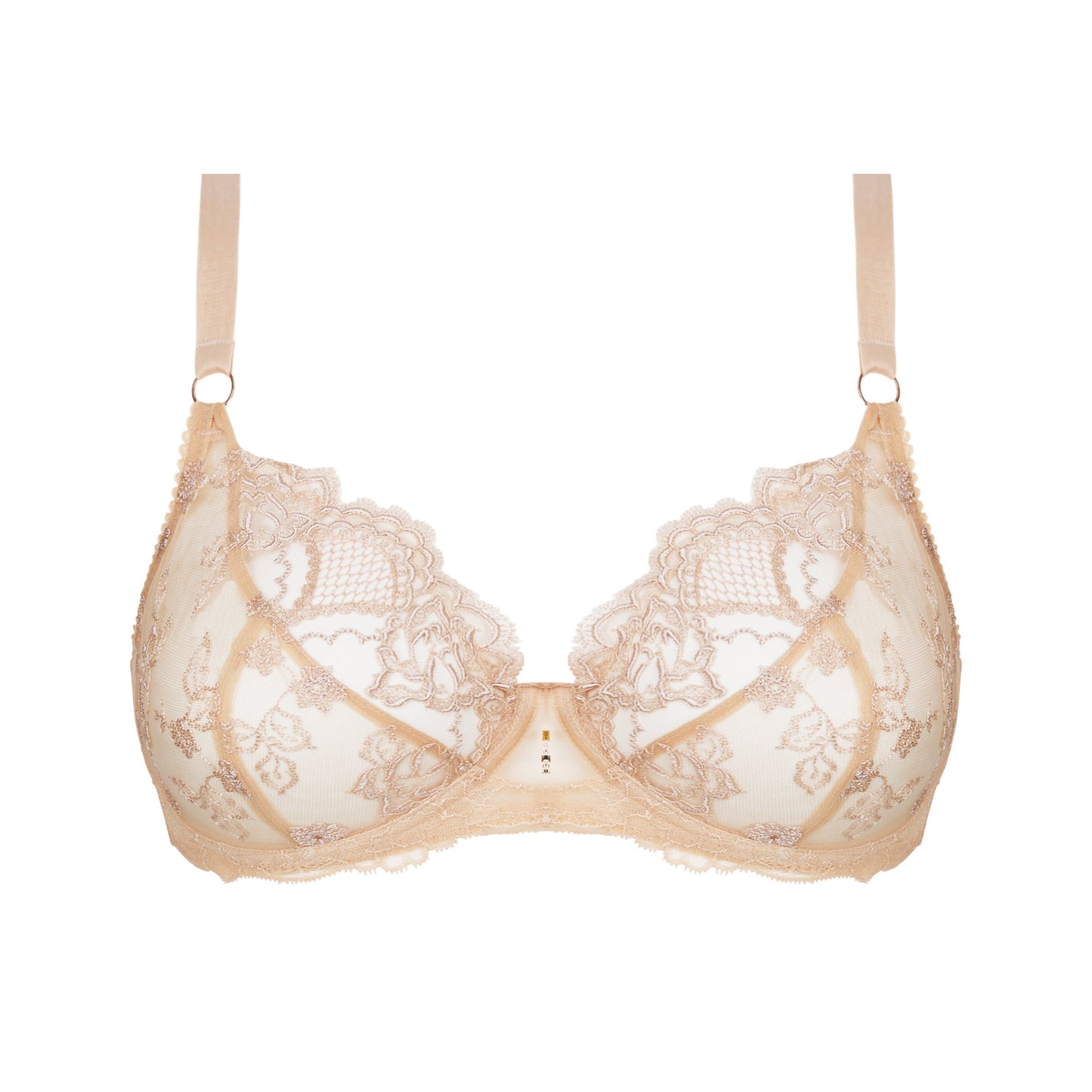 Beige lace bra on a white background