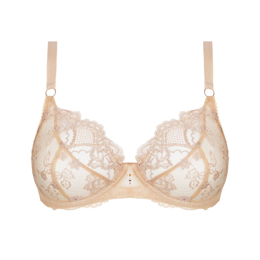 Beige lace bra on a white background
