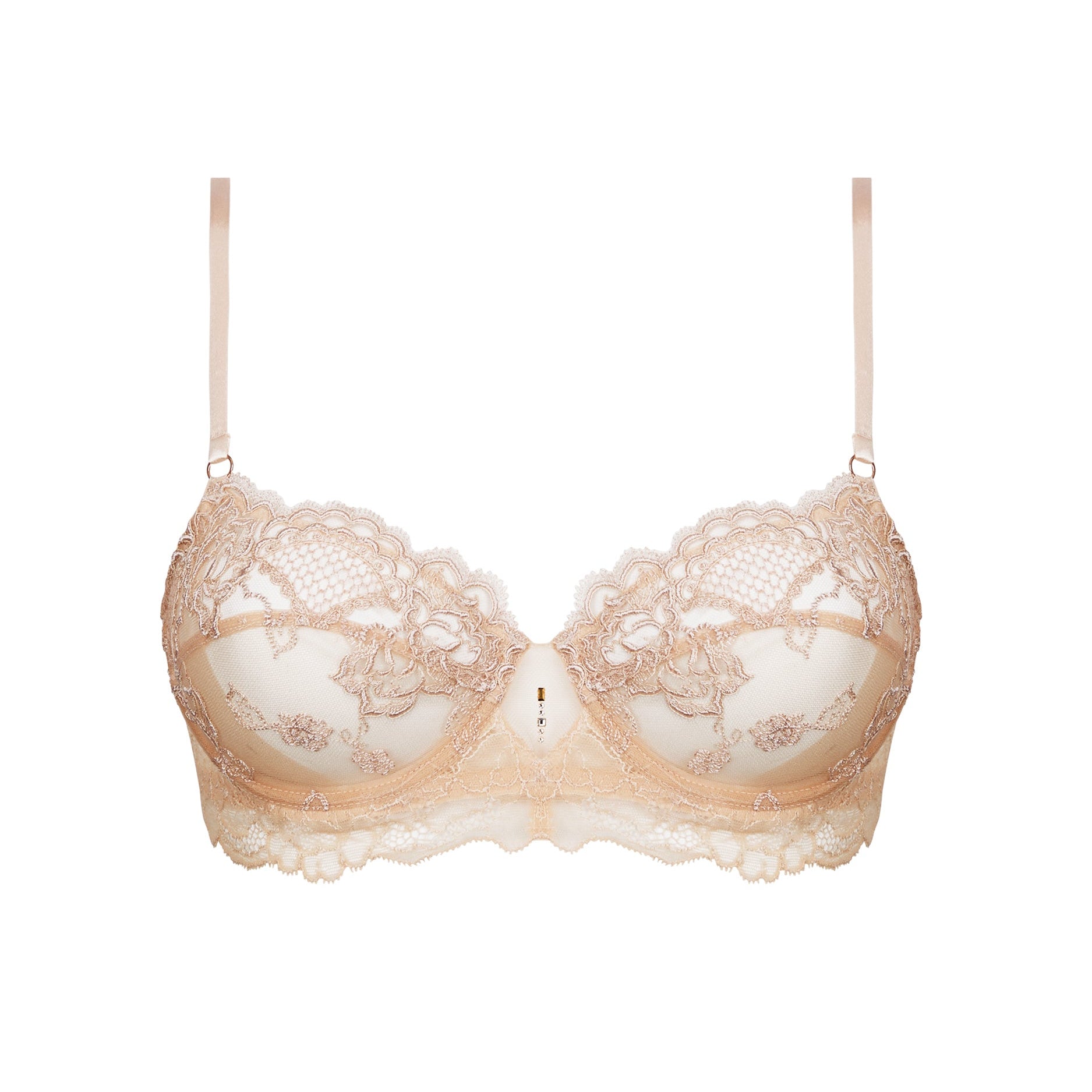 Beige lace bra on a white background