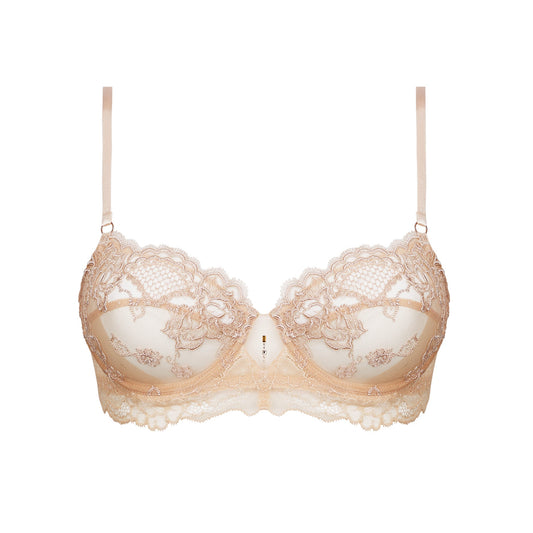 Beige lace bra on a white background