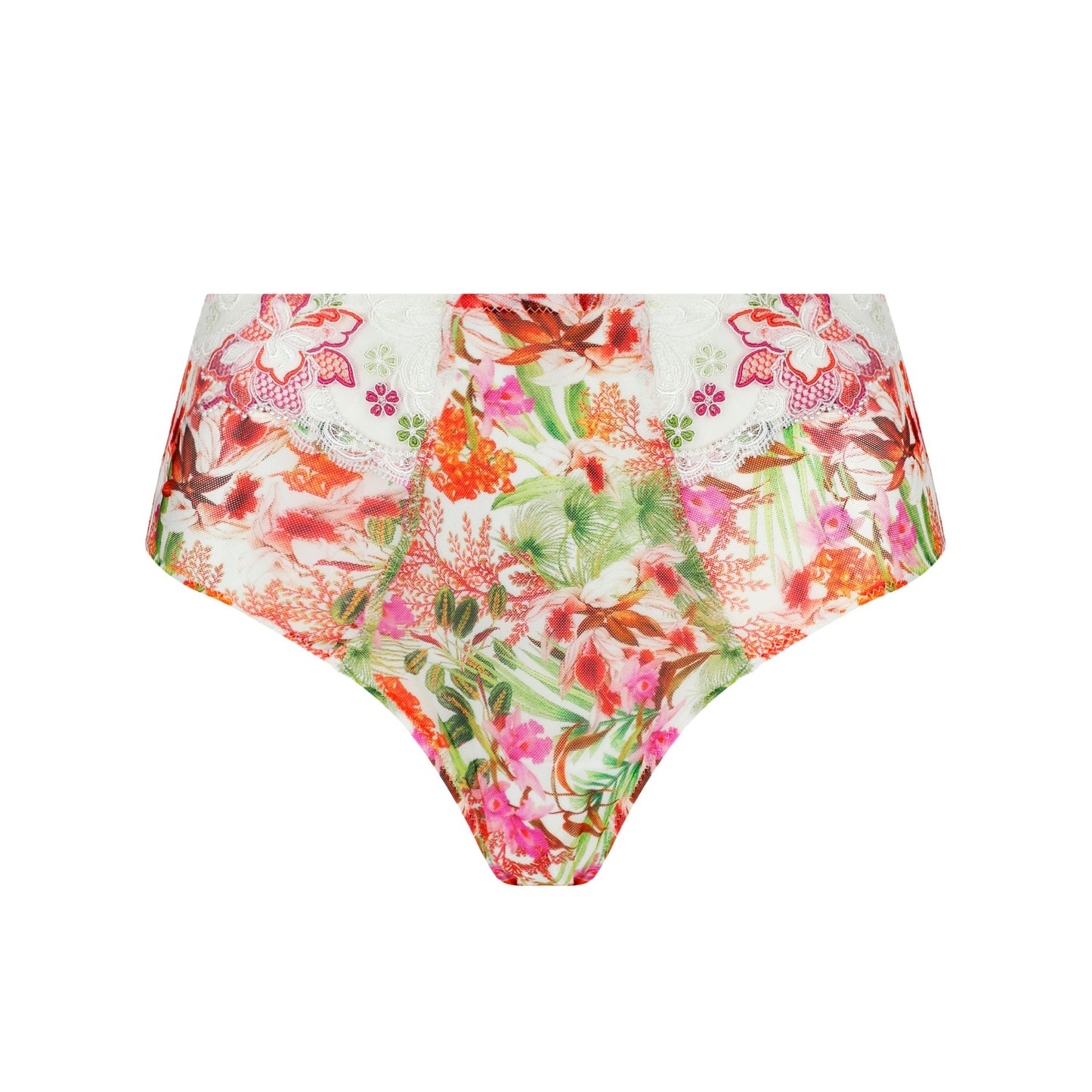 Floral-patterned high-waisted bikini bottom on a white background