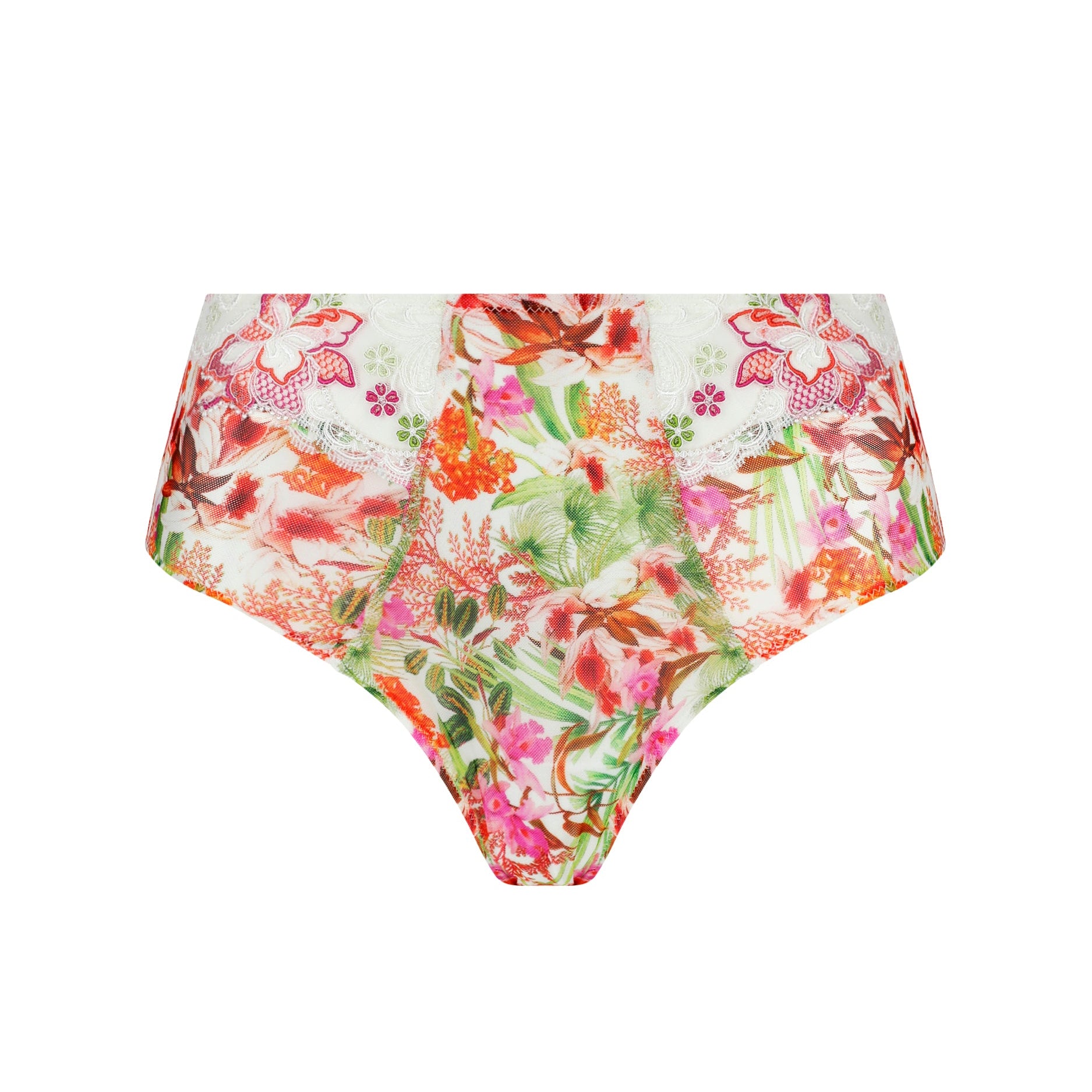 Floral-patterned high-waisted bikini bottom on a white background