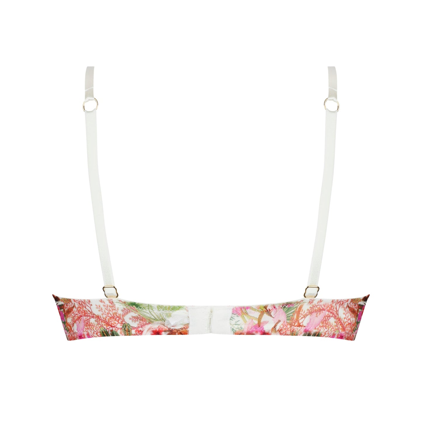 Floral-patterned bralette with thin straps on a white background
