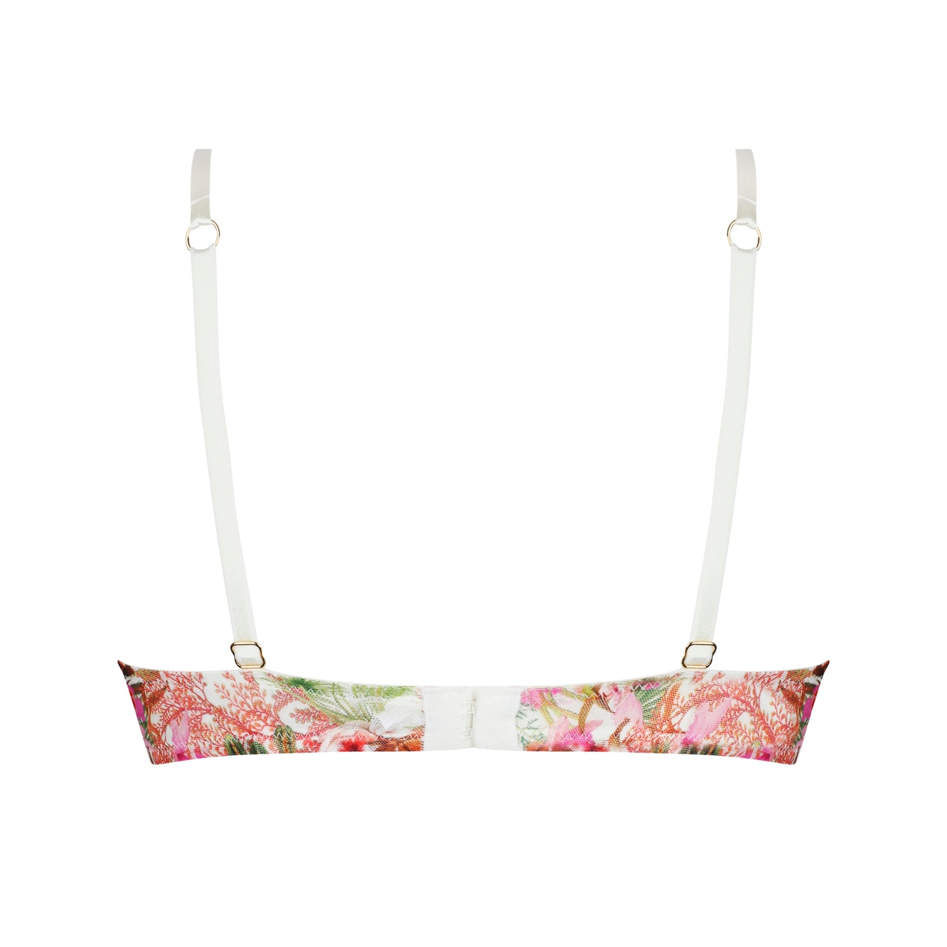 Floral-patterned bralette with thin straps on a white background