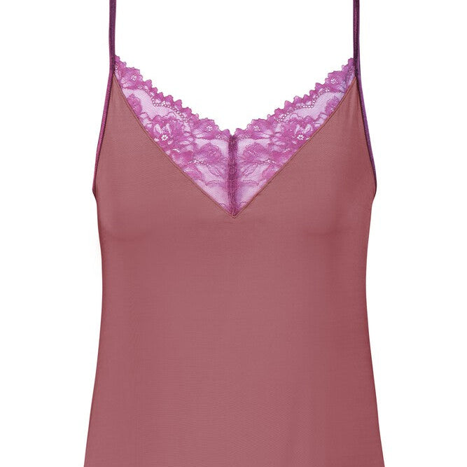 A dusty rose pink camisole top with purple lace trim along the V-neckline and hem, displayed on a clean white background.