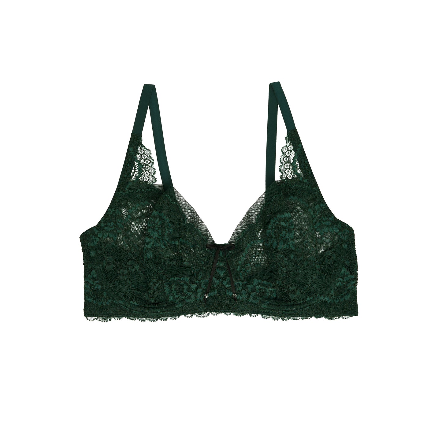 A dark green lace underwire bra with thin shoulder straps and a small front keyhole detail, shown flat against a solid white background.