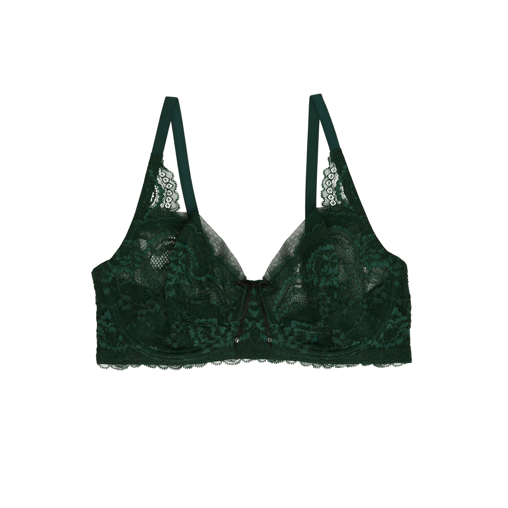 A dark green lace underwire bra with thin shoulder straps and a small front keyhole detail, shown flat against a solid white background.