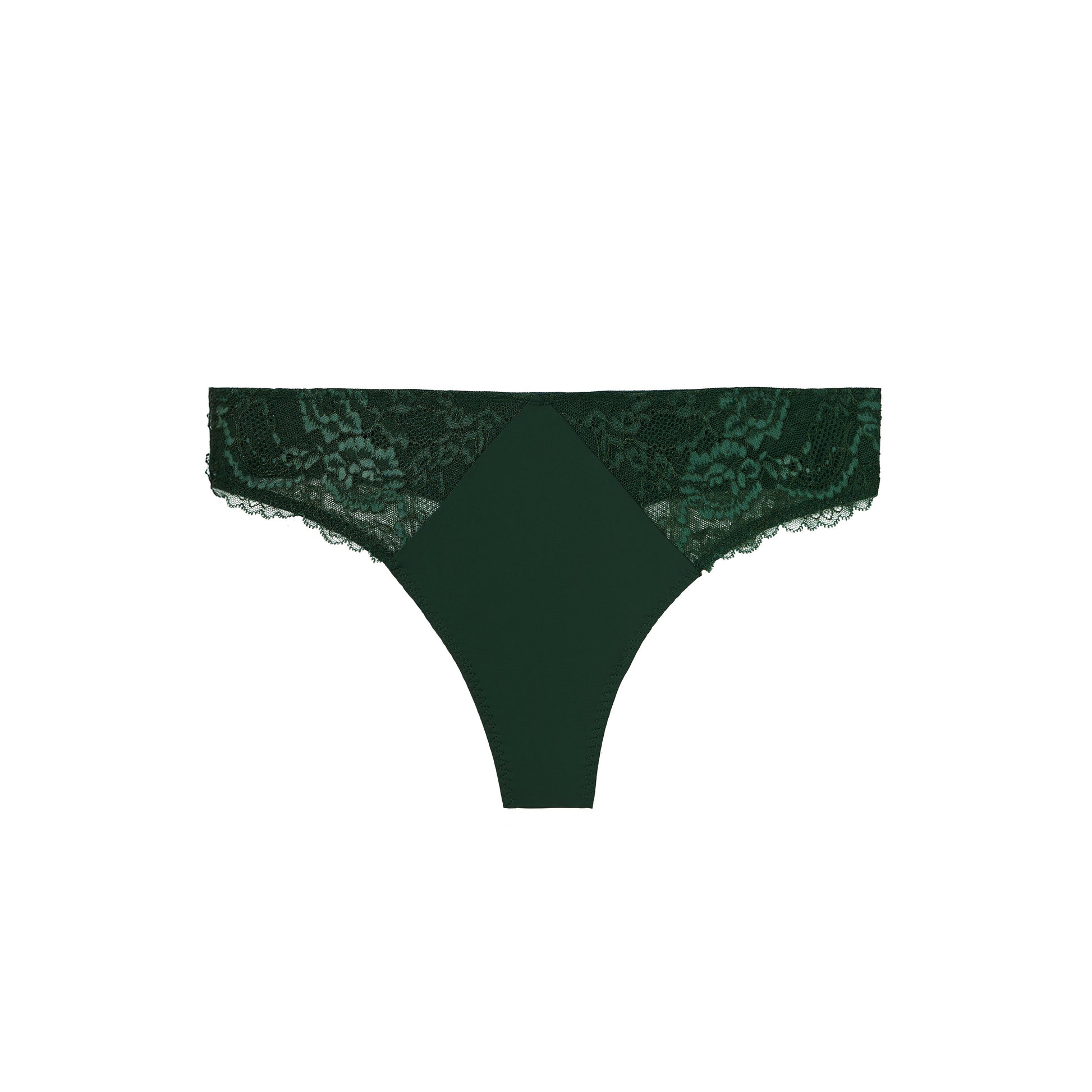 Dark green lace thong underwear with a solid dark green front panel, shown flat against a plain white background.