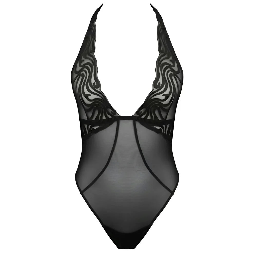 Black sheer mesh one-piece lingerie with a plunging V-neckline, wavy patterned mesh cups, and black trim, shown on a plain white background.