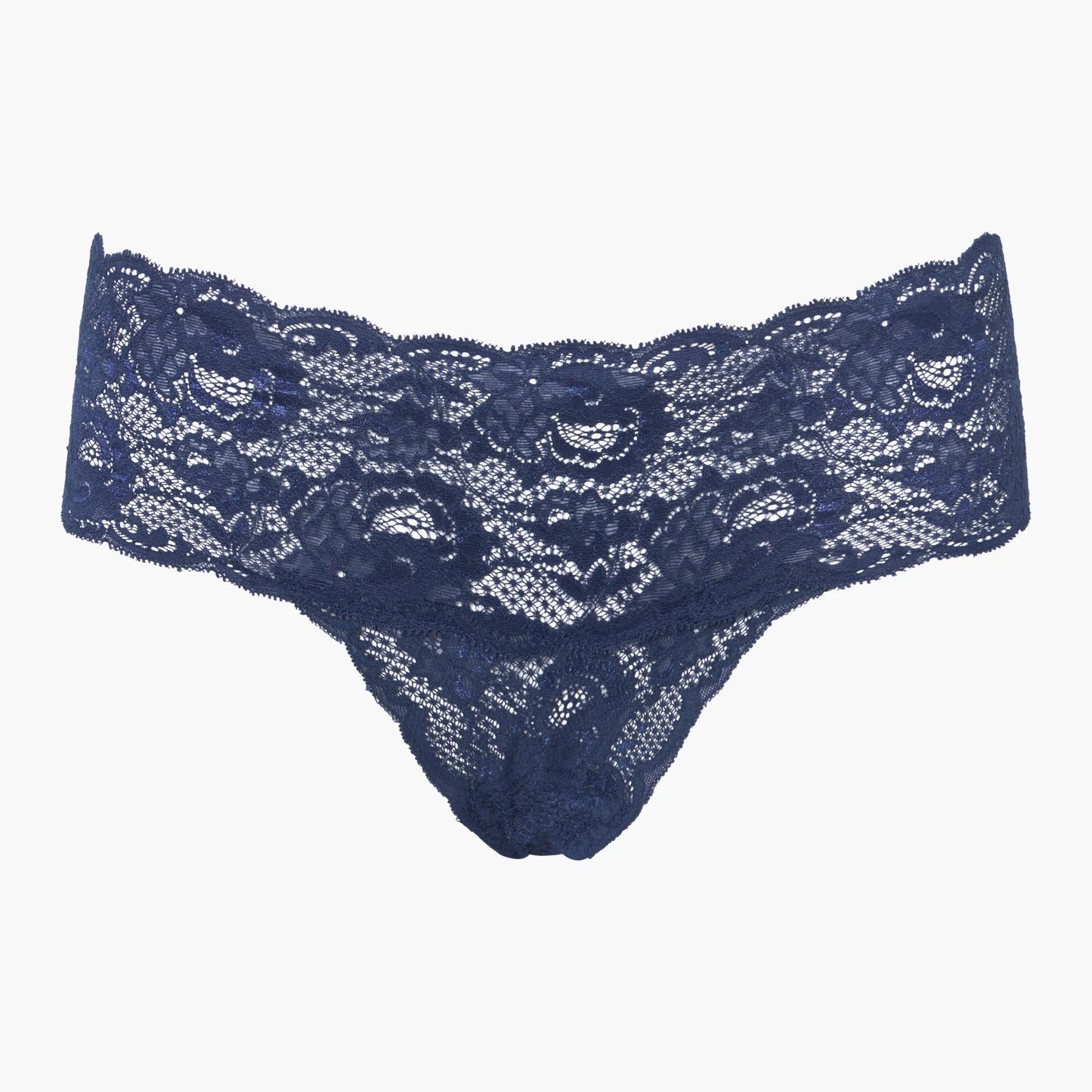 Navy blue lace thong on a white background