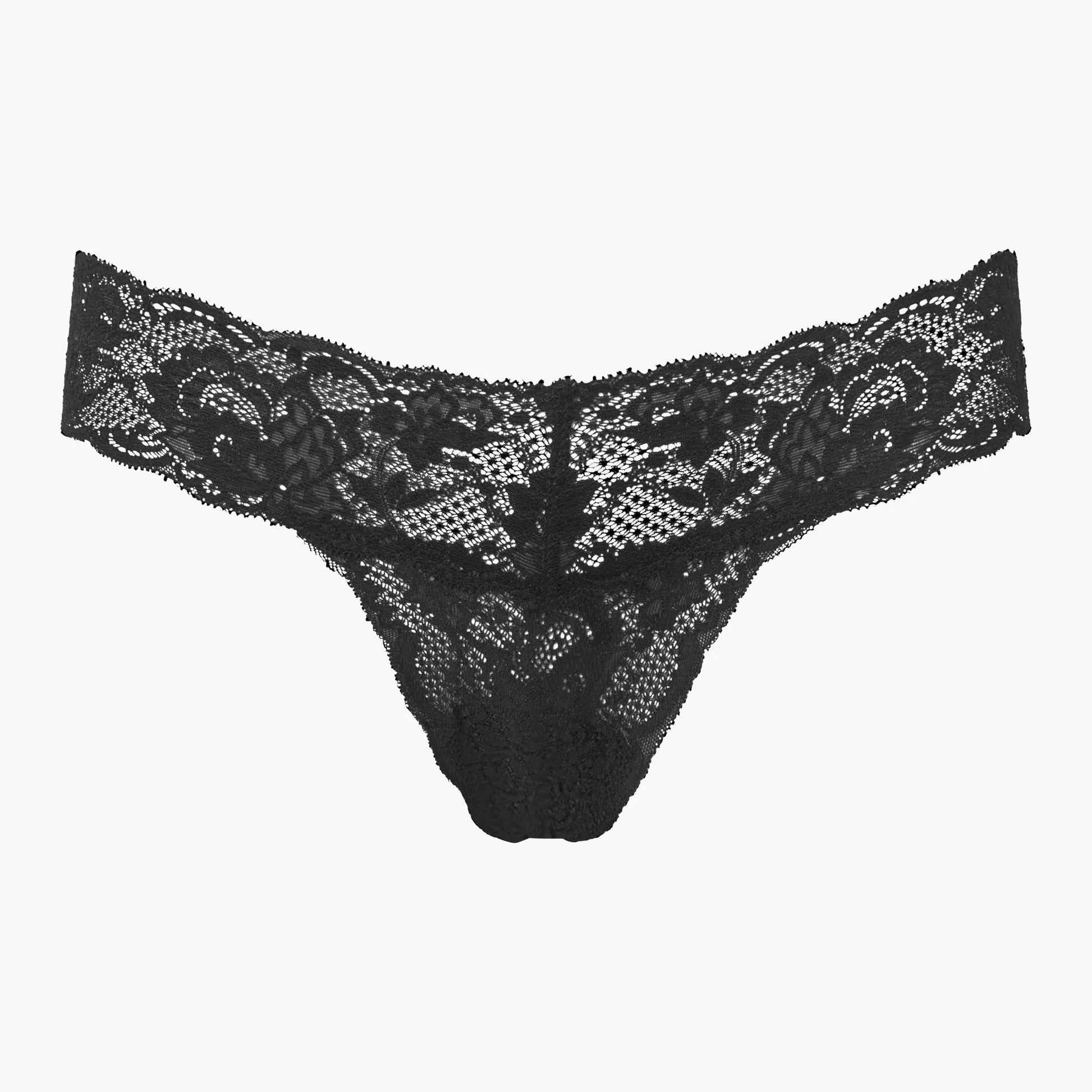 Black lace thong on a white background