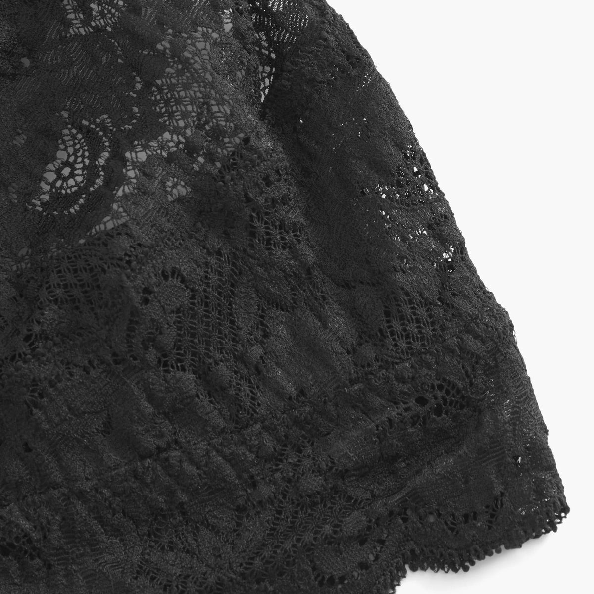 Close-up of black lace fabric on a white background