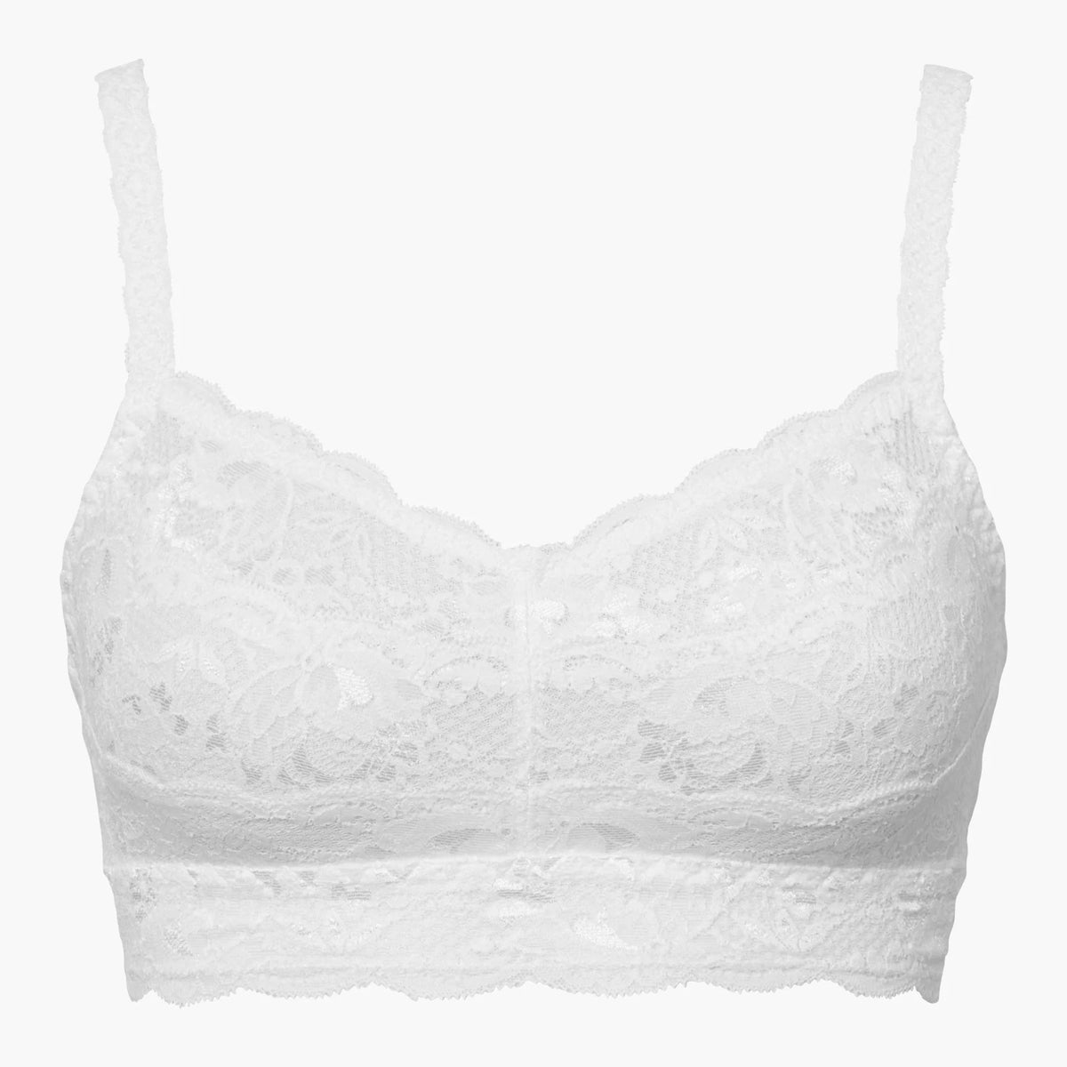 White lace underwire bra with thin shoulder straps and scalloped edges, shown against a plain white background.